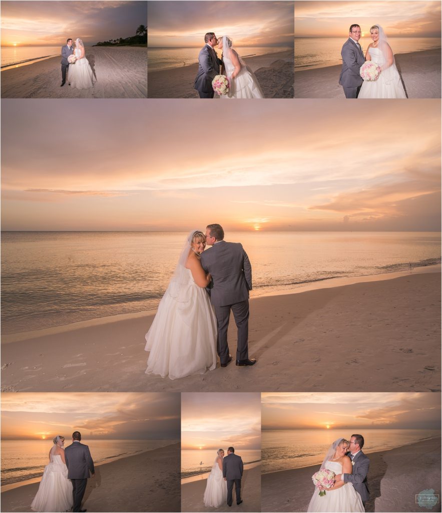 Bride and groom holding hands during golden sunset at a Central Florida outdoor wedding