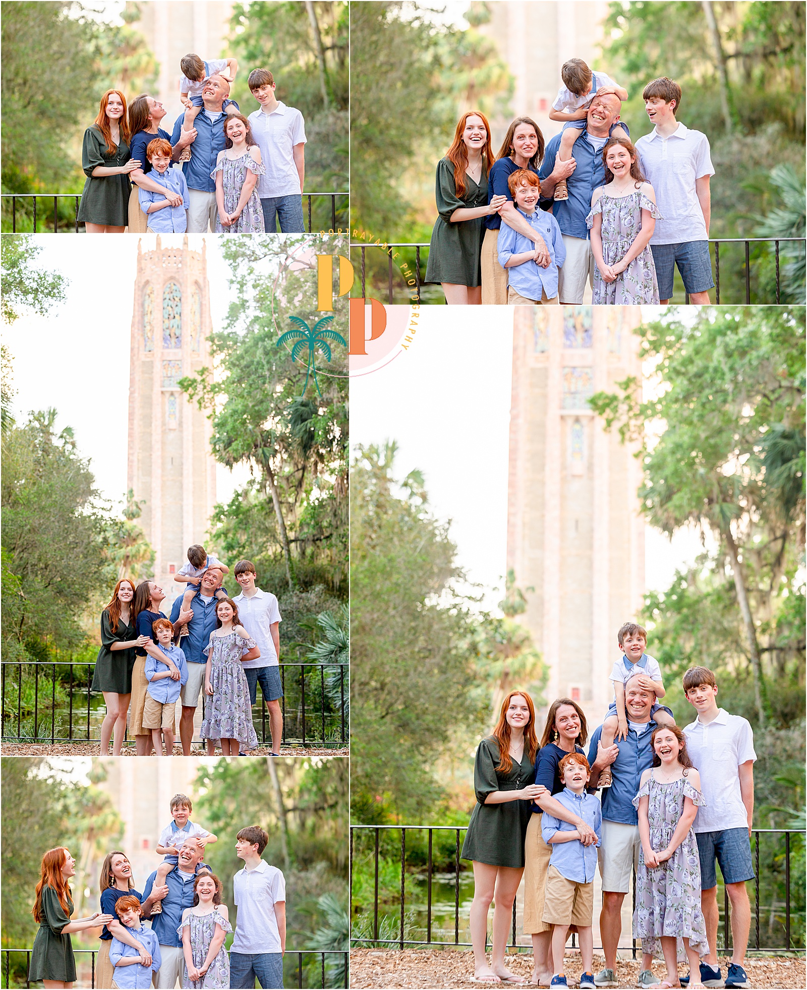 Family posing with the breathtaking landscape of Bok Tower Gardens in the background.