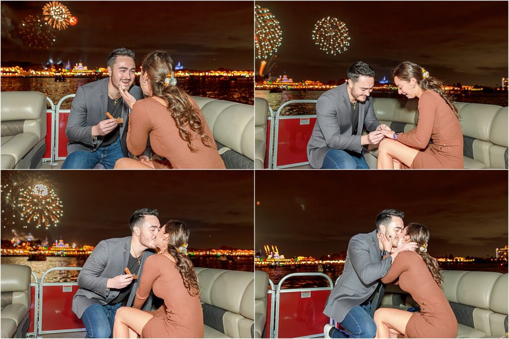 Candid moment of a Disney fireworks cruise proposal, capturing the love and enchantment.