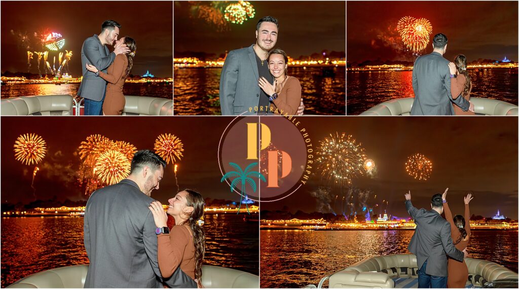 Emotional Disney fireworks cruise proposal featuring a radiant couple against the backdrop of a dazzling pyrotechnic display.