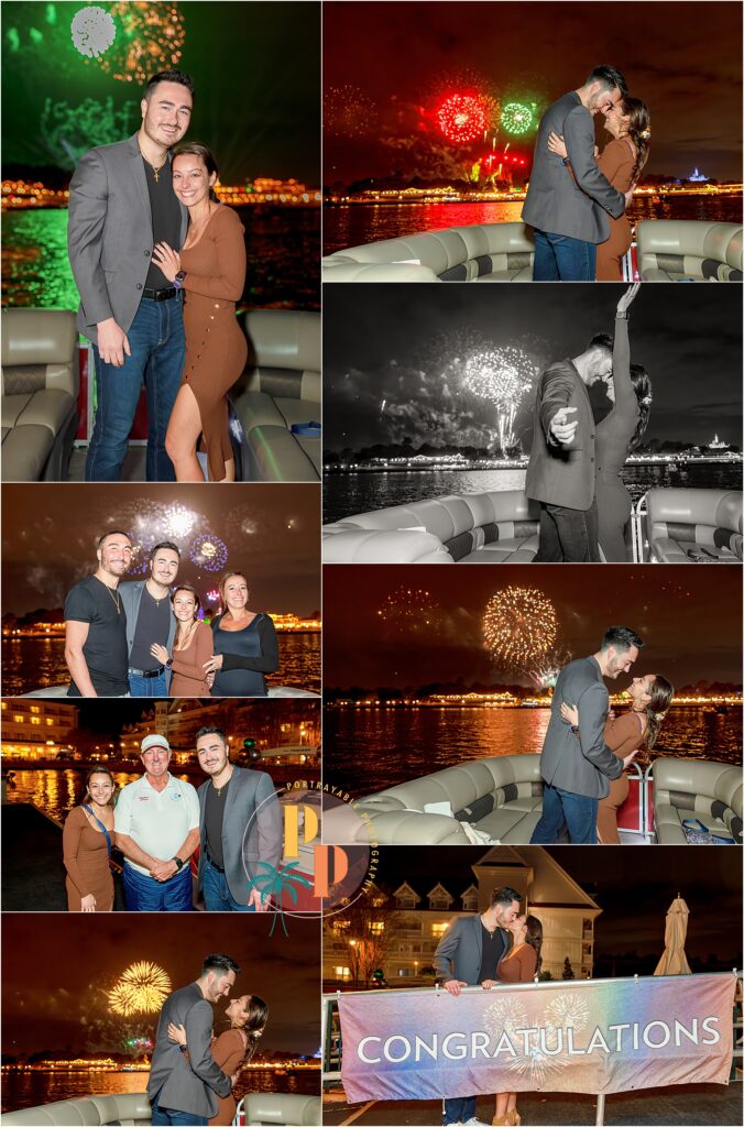 Intimate moment during a Disney fireworks cruise proposal, surrounded by the glow of the magical night.