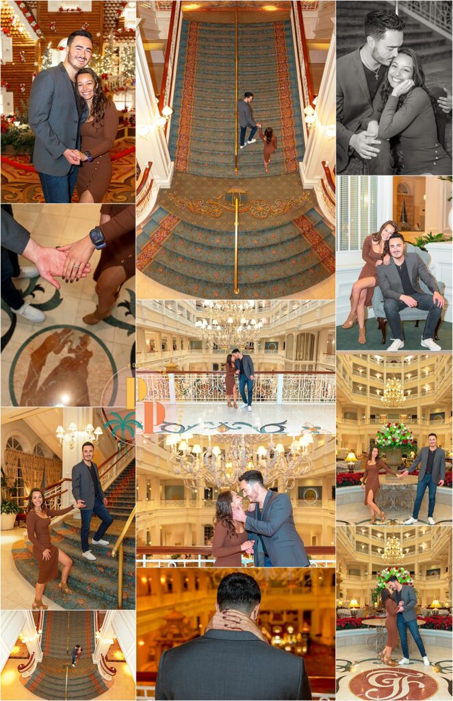 engagement portraits after a Disney Fireworks Cruise proposal shoot at the grand Floridian resort during christmas time