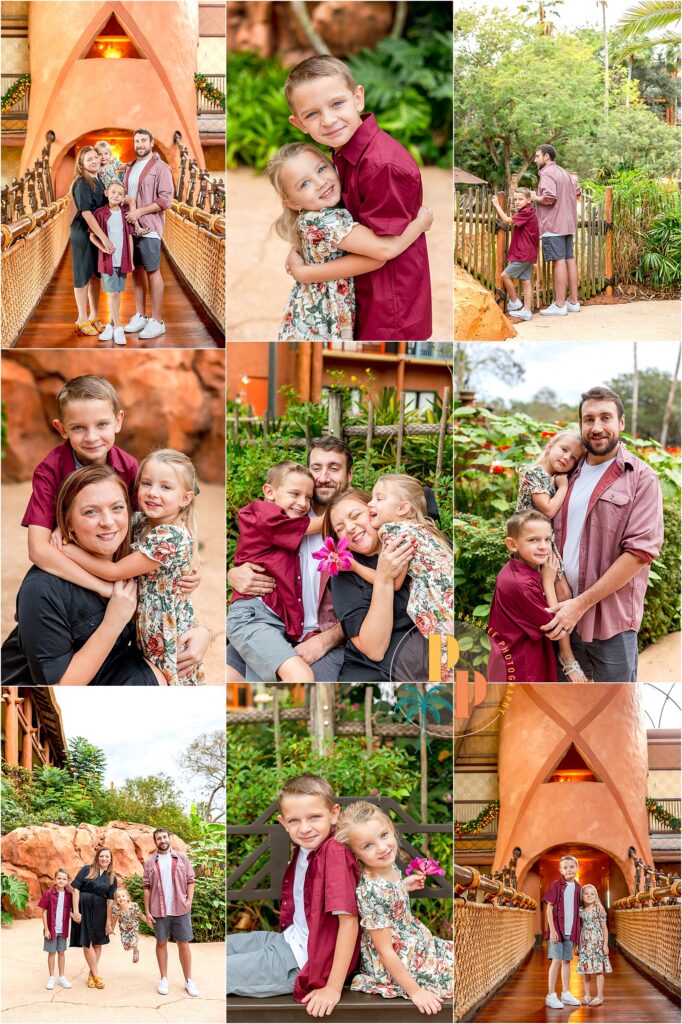 Capturing the magic of Disney-themed family photoshoot ideas at Disney's Animal Kingdom Lodge Resort, the family strolls through the resort's stunning surroundings in safari-inspired elegance. #Disney-themed-Family-Photoshoot-Ideas