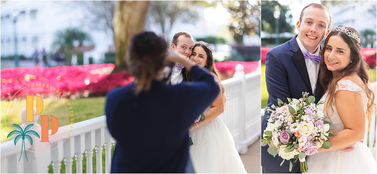 Hiring an outside photographer for your Disney wedding ensures candid moments, like the couple stealing a quiet, magical kiss amidst the beauty of the theme park.