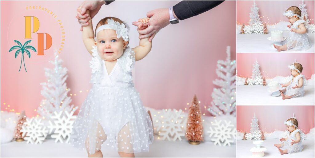 Pink Winter Wonderland cake smash scene captured beautifully by an Orlando Cakesmash Photographer, showcasing the sweet innocence of a one-year-old's special milestone.