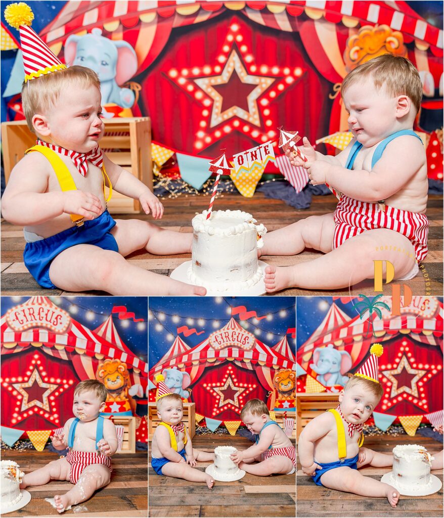 Expert Orlando, FL cake smash photographer captures the joy of a circus-themed portrait session. Adorable twins enjoy a sugary wonderland with vibrant colors, laughter, and playful moments. Professional cake smash photography highlighting the magic of childhood celebrations.