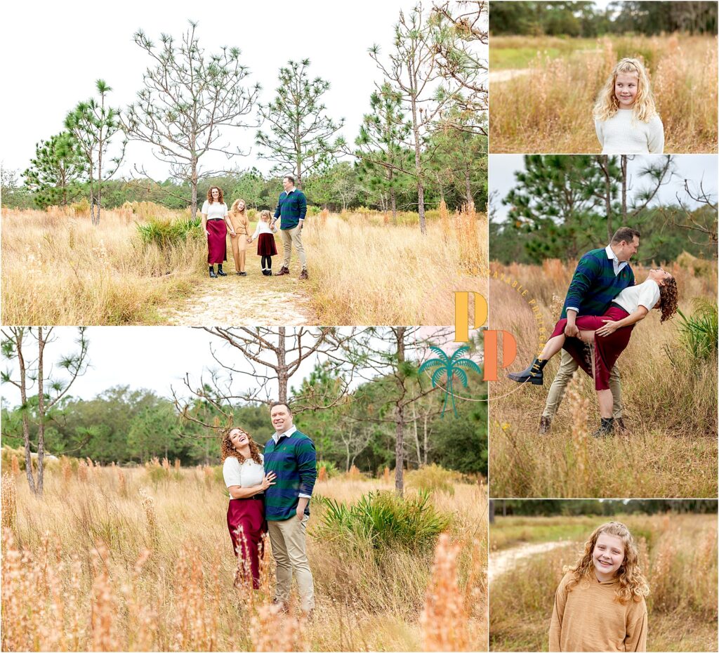 Woodland elegance captured by Lake Louisa – our family embraces the holiday spirit in sophisticated attire, featuring rich jewel tones and layers that harmonize with the park's rustic charm. #Orlando-FL-holiday-photoshoot-what-to-wear