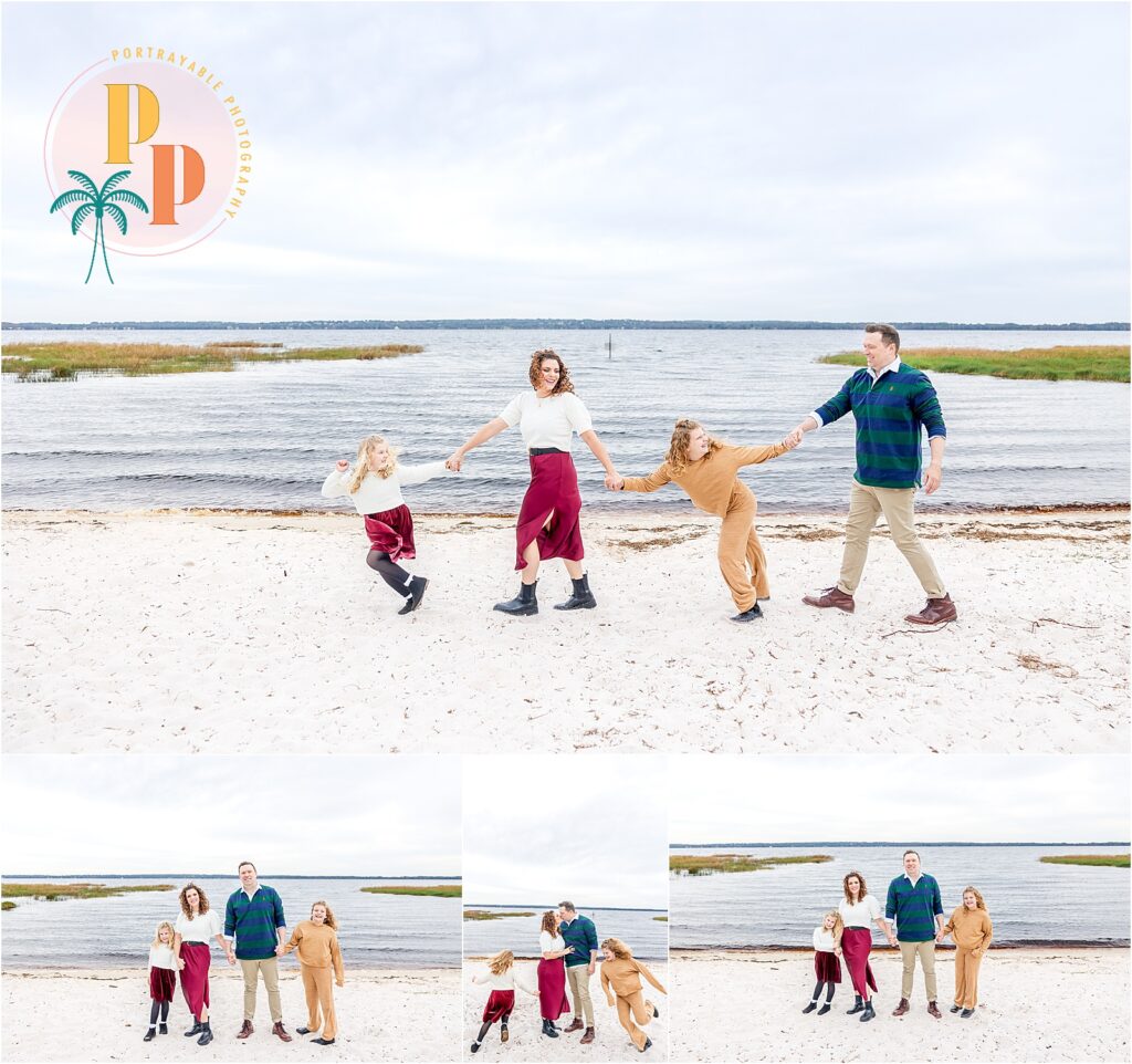 Our family exudes holiday charm by the serene waters of Lake Louisa at sunset. Coordinated in festive jewel tones and layers, our outfits blend seamlessly with the natural beauty of the park, capturing the essence of the season. #Orlando-FL-holiday-photoshoot-what-to-wear