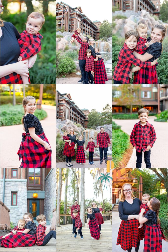 Embracing the holiday spirit at Disney's Wilderness Lodge, this photoshoot captures the essence of family joy amidst the coziness of buffalo plaid outfits and the lodge's festive ambiance.
