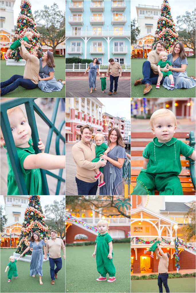 From goofy grins to Christmas cheer, witness the jolly moments of [Your Family Name] during their holiday family portraits at the enchanting Disney's BoardWalk Resort.