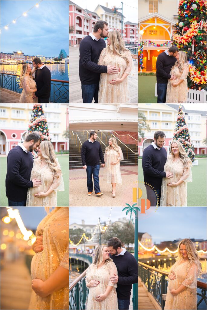A radiant expectant mother poses against the charming backdrop of Disney's BoardWalk Resort, showcasing the joy and anticipation of her maternity journey.