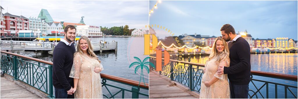 In this maternity portrait set against the scenic Disney's BoardWalk Resort, the glowing mother-to-be celebrates the miracle of life, surrounded by the charm and magic of the iconic resort.