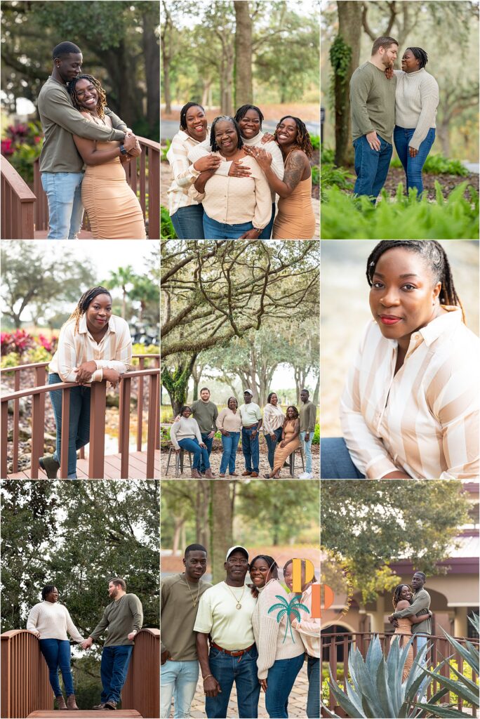 Against the backdrop of lush greenery, a family shares a warm embrace, capturing the essence of their Mystic Dunes family photoshoot in Orlando.