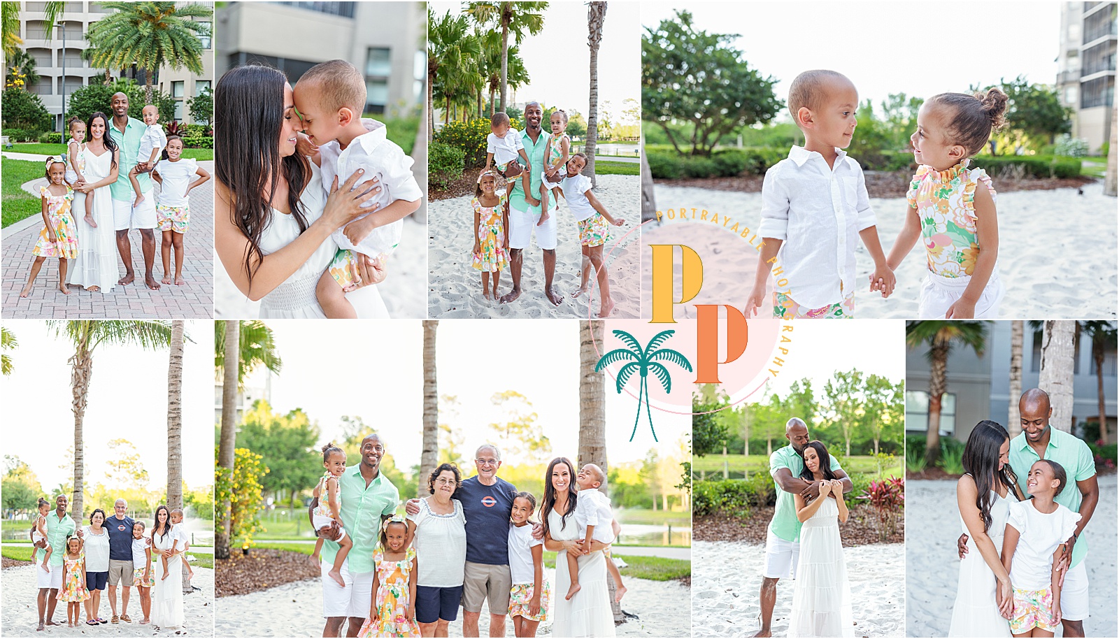 Radiant family framed by lush palm trees at The Grove Resort Orlando, creating timeless family portraits amid the tropical beauty of this enchanting location