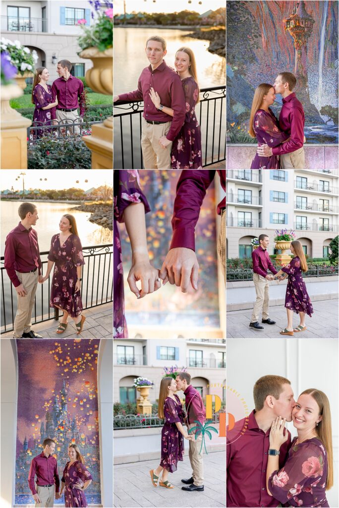In the romantic ambiance of Gaylord Palms Orlando, an engagement photographer skillfully captures the couple's intimate connection and the architectural splendor of the venue.