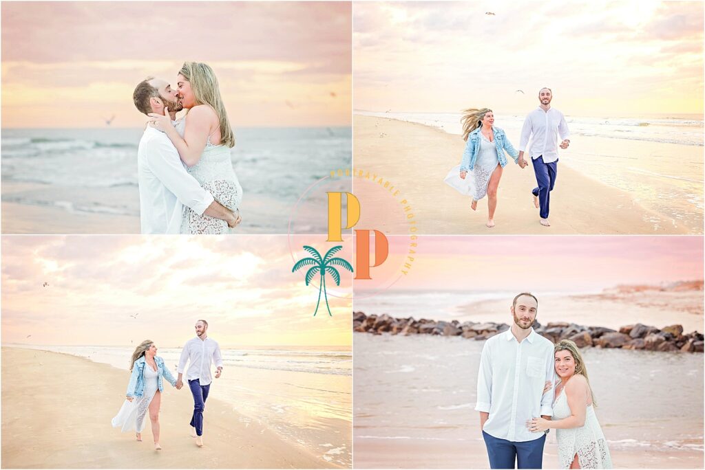 A playful shot capturing the couple's toes sinking into the warm, sandy shore as they share a lighthearted moment against the backdrop of the awakening Hilton Head Island.