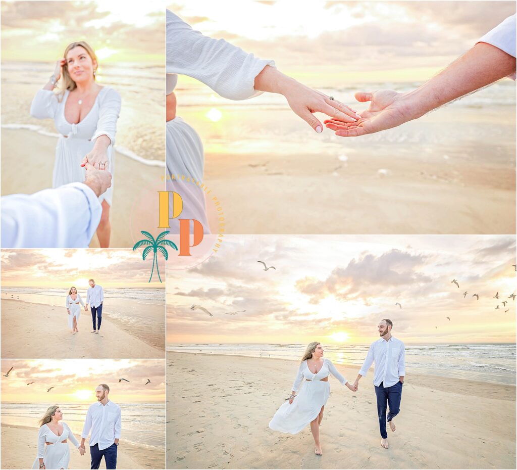 The engaged couple takes a leisurely walk along Burkes Beach, their silhouettes illuminated by the soft morning light, creating a tranquil and romantic atmosphere.