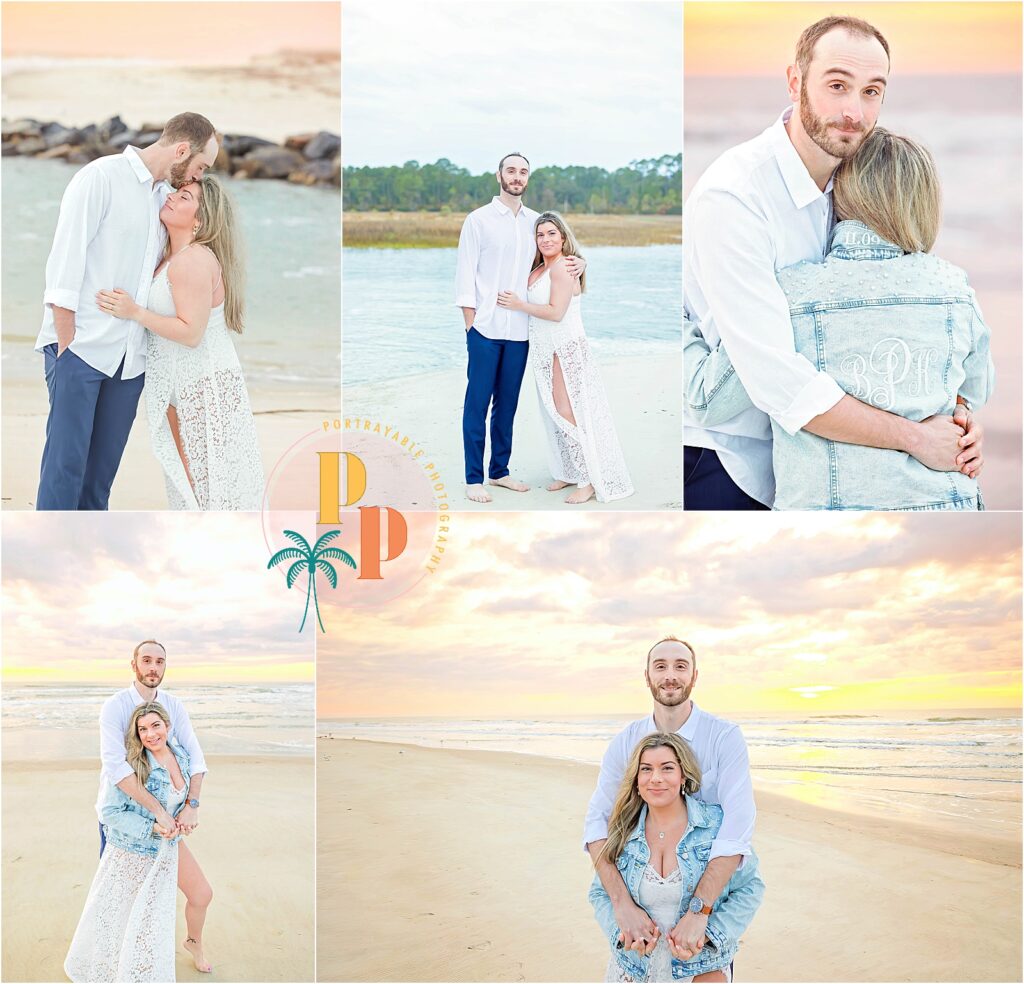 Dressed in elegant attire, the engaged pair strikes a pose against the coastal backdrop, embodying a perfect blend of sophistication and natural beauty.