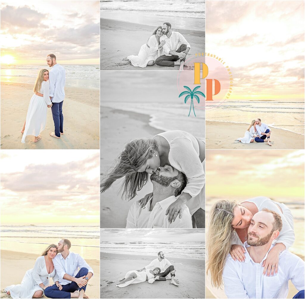 A reflective shot capturing the couple gazing into each other's eyes, their love mirrored in the gentle ripples of the morning tide reflecting the rising sun.