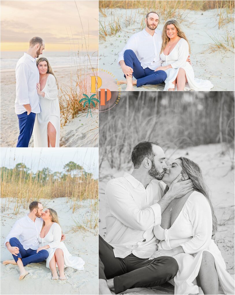 An intimate close-up shot highlighting the couple's tender expressions, their love communicated through soft glances and gentle touches, creating a heartfelt moment sitting in the sand by the dunes