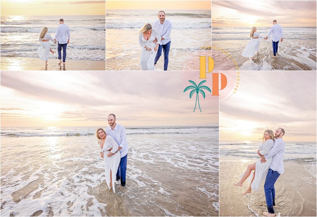 The couple engages in a spontaneous run into the ocean on the beach, their joyous movements captured against the canvas of a sky painted in warm pastels by the sunrise.