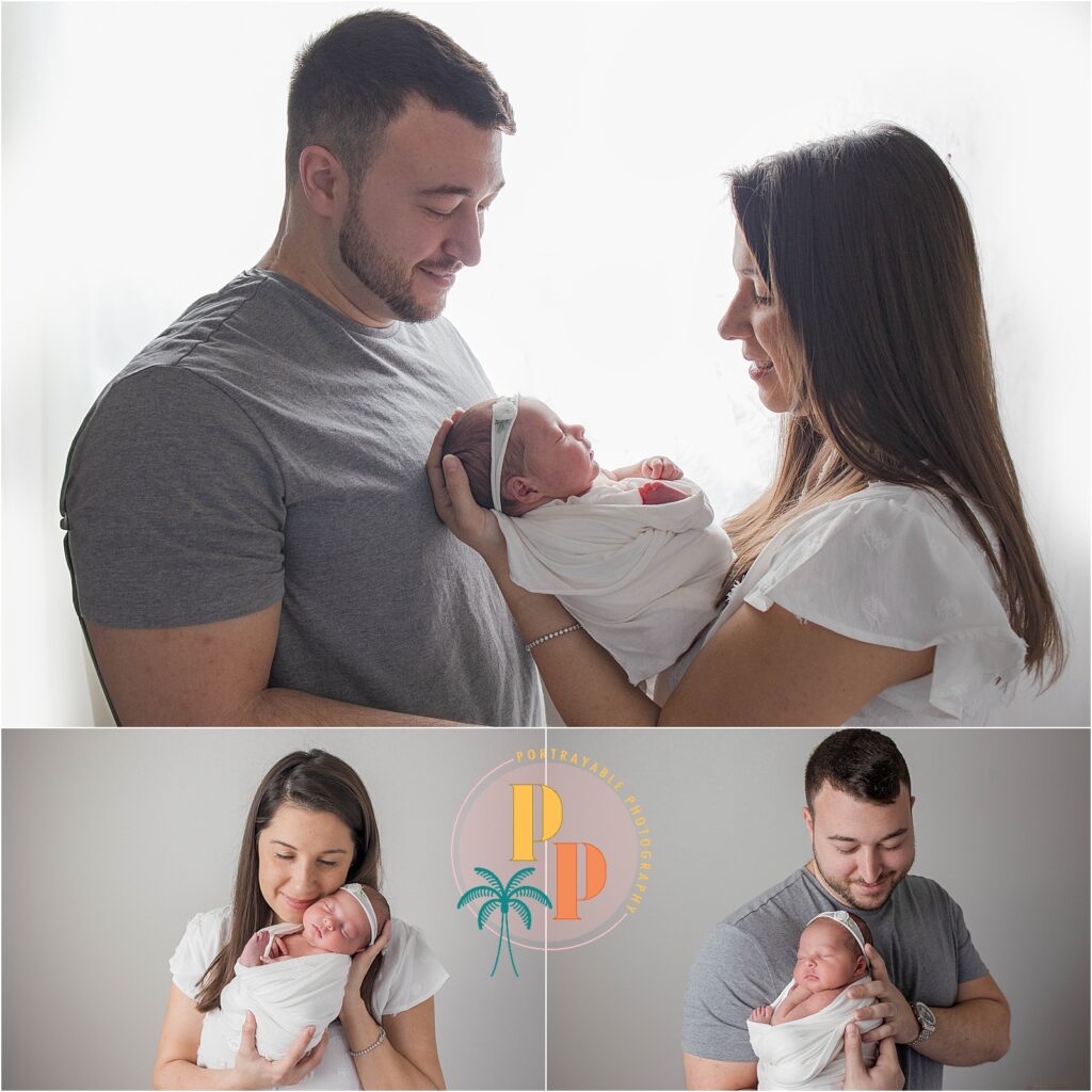 Parents sharing a tender moment with their newborn at our Orlando mobile photo studio, capturing the joy and love of those early days.