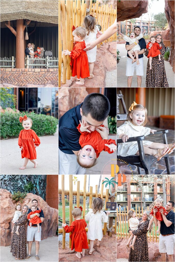 Capturing the essence of family love against the unique charm of our resort's architecture, this image showcases the beauty and warmth experienced during a personalized family photoshoot in Orlando.