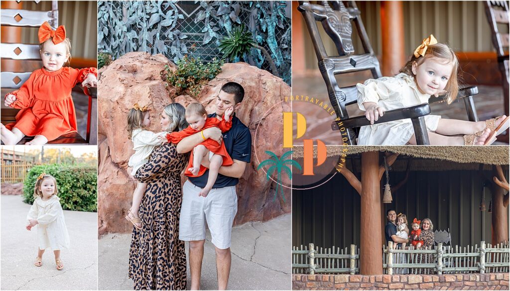 Professional photographer at work, skillfully framing a candid moment of laughter and connection among family members against the stunning architectural features of Disney's animal kingdom lodge in Orlando resort.
