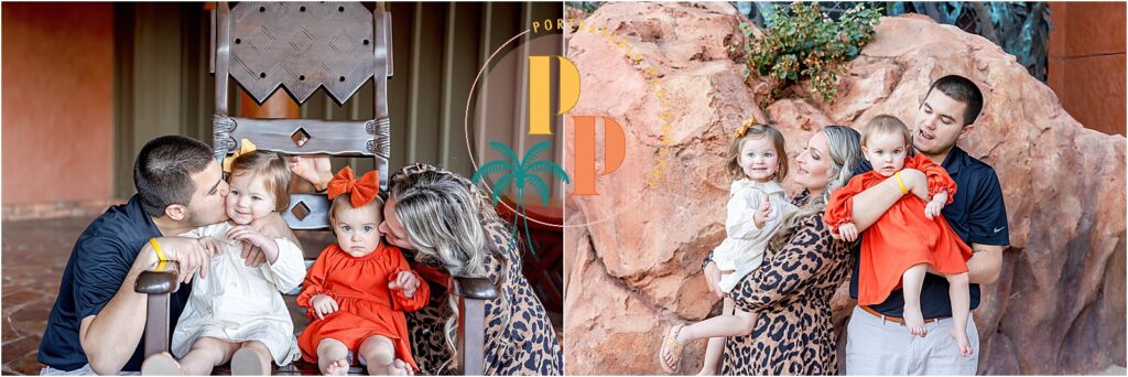 A joyous family captured against the backdrop of Disney's animal kingdom lodge lush resort gardens, smiling under the warm Orlando sun during a memorable photoshoot session.