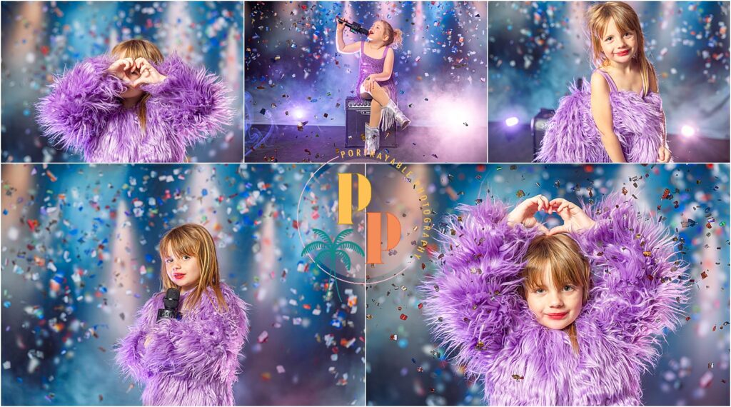 Playful moment captured as a child joyfully interacts with confetti, set against a lively backdrop, embodying the spirit of Taylor Swift's celebration in a mini session.