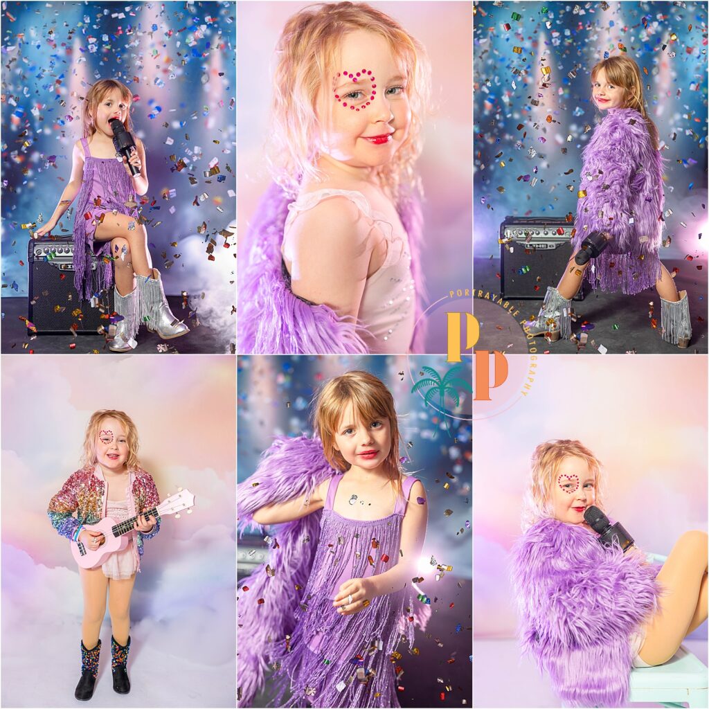 Fashion-forward child showcasing their Taylor Swift-inspired outfit, exuding confidence and style in a mini photoshoot against a star-studded background.