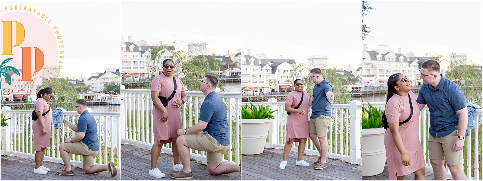 A breathtaking sunset at Seabreeze Point, Disney's BoardWalk Resort, casting warm hues over the romantic proposal setting.