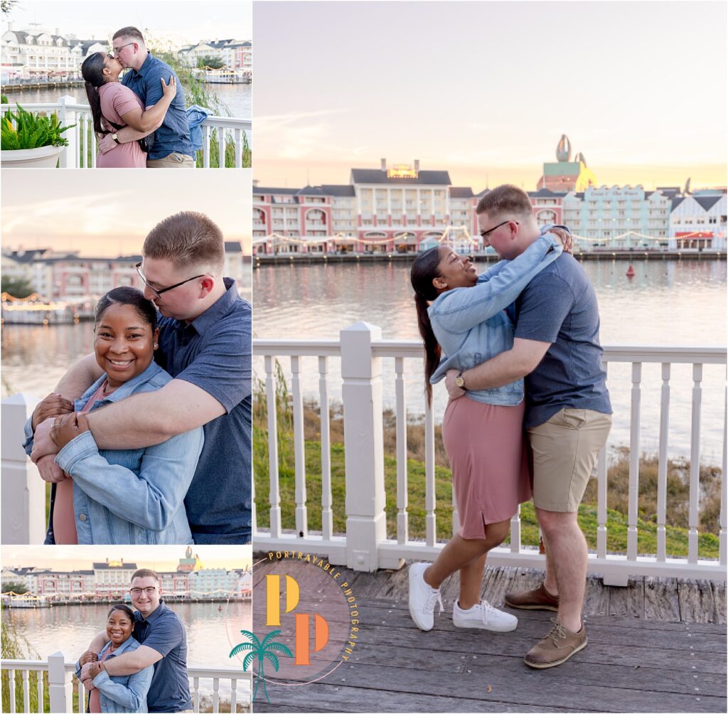 "Pure joy radiates as the couple embraces, laughter and happiness echoing in the air after the heartfelt proposal at Disney's BoardWalk Resort.