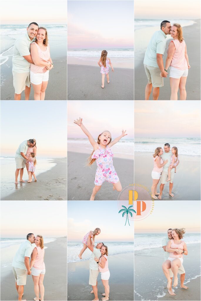 "Children play joyfully in the sand during a family beach portrait session with a talented photographer near Cocoa Beach."