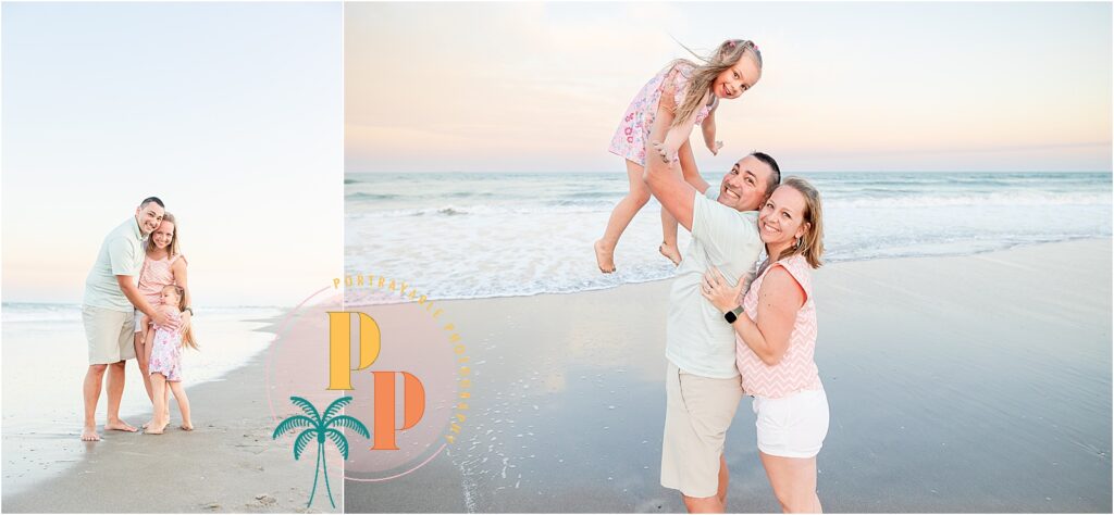 A family embraces against the backdrop of a vibrant Cocoa Beach sunset, captured by a professional photographer.