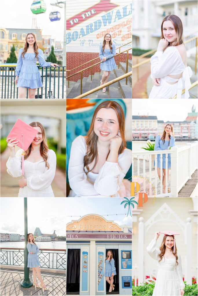 Senior portrait session at Disney's BoardWalk Resort, featuring the timeless allure of the charming gazebos.