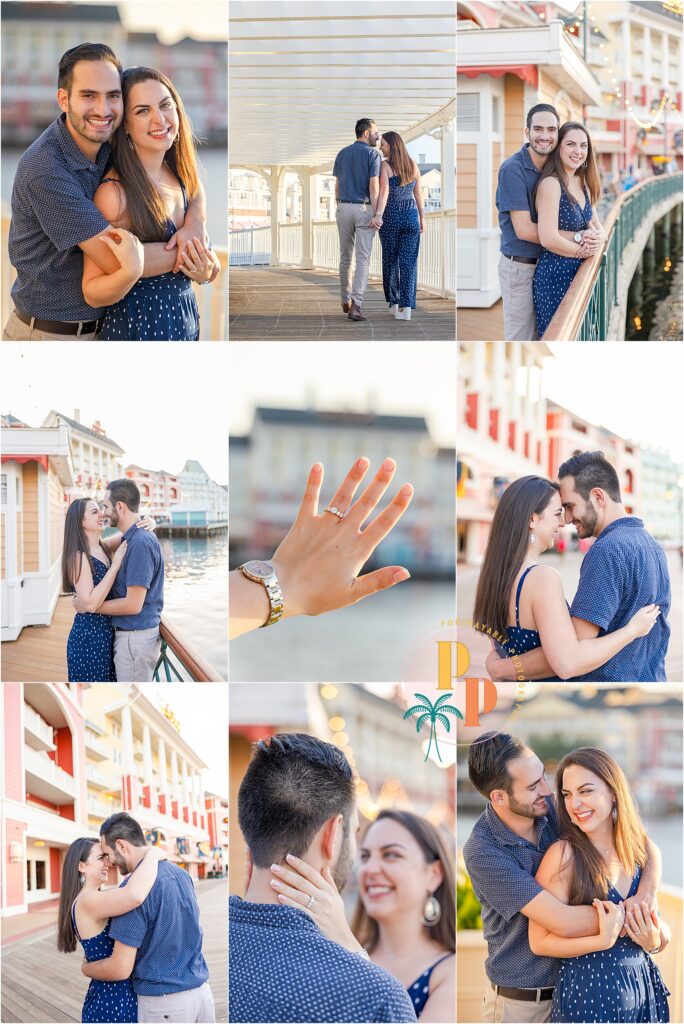 engagement photos around Disney's boardwalk resort after a proposal