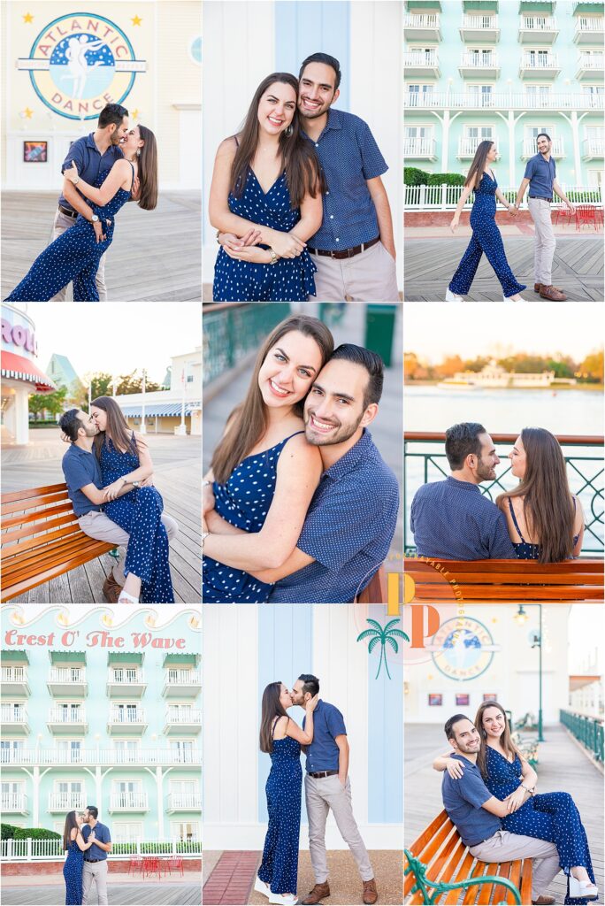 couple portraits by Disneys boardwalk resort, by the colorful buildings