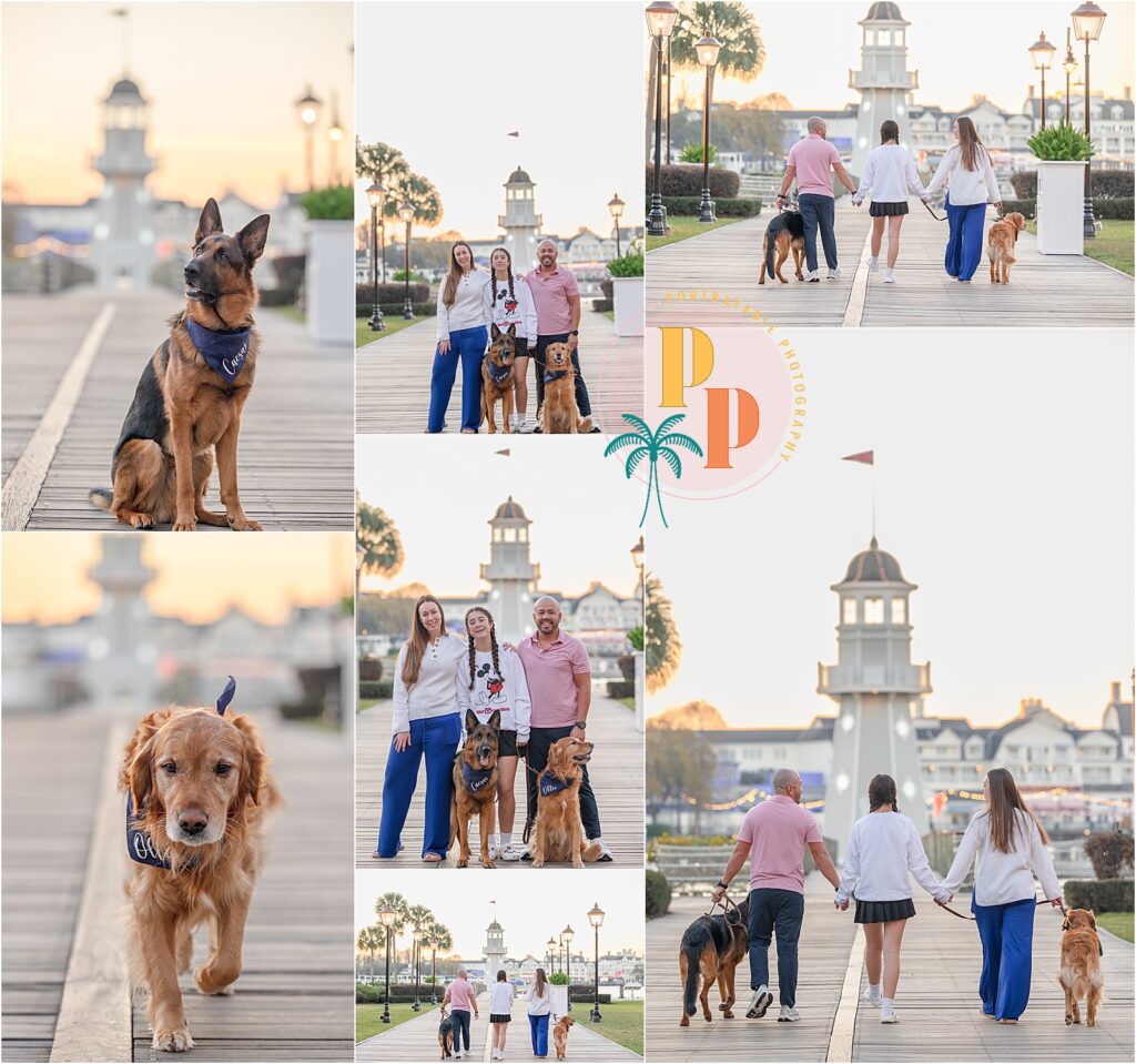 A happy family, including their dog, poses for a portrait against the scenic backdrop of Disney's Beach and Yacht Club Resorts. The sun casts a warm glow over the sandy beach and lush gardens, creating a serene atmosphere. The family wears coordinated outfits that complement the resort's coastal charm, while their dog eagerly engages with a favorite toy. A professional photographer captures candid moments of love and connection, preserving cherished memories of their vacation