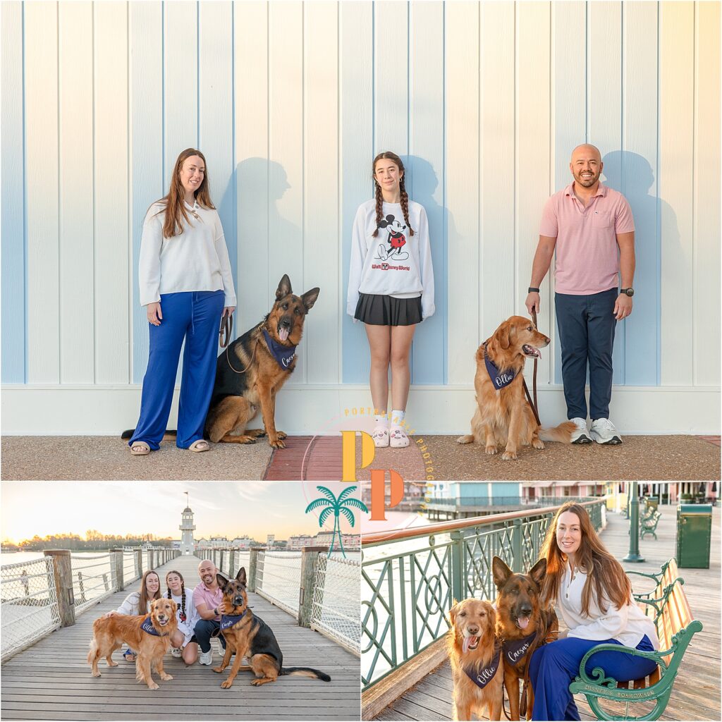 Against the backdrop of Disney's Beach Club Resort's elegant lobby, a family of four stands with their dog, the iconic carousel in the background. The parents hold onto their children while the dog sits obediently, all dressed in vibrant attire.