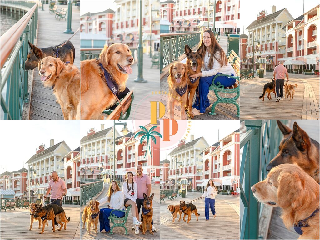 family pose with their dogs at Disney's boardwalk while on a photoshoot