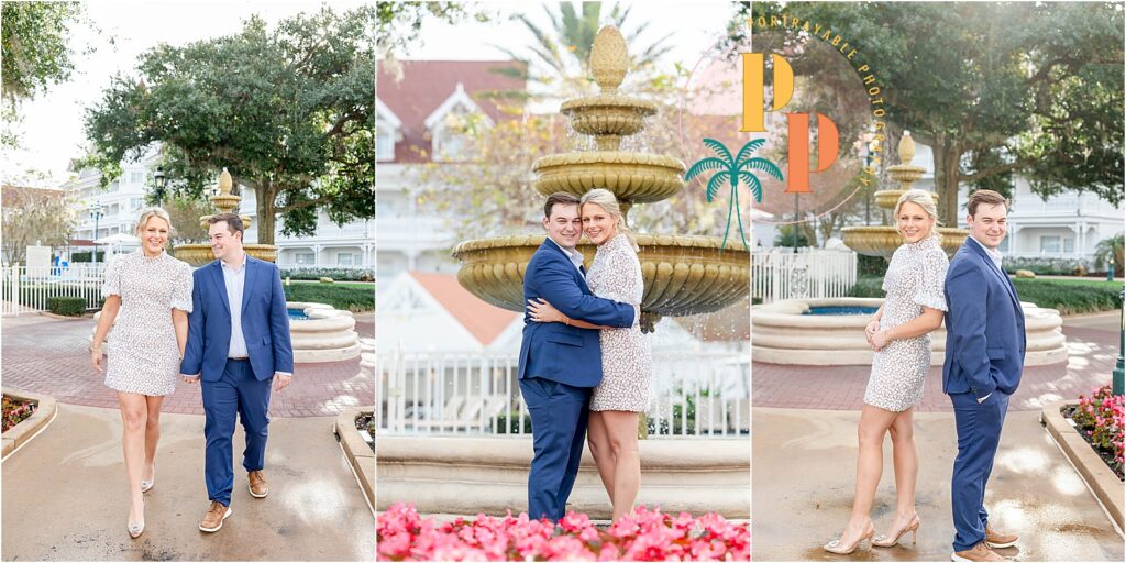 A couple shares a romantic kiss in front of a beautifully landscaped garden at a luxurious Orlando resort, with vibrant flowers and greenery creating a picturesque backdrop.