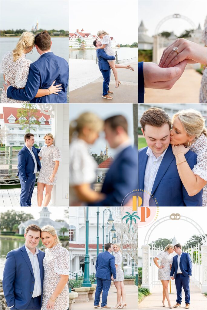 A variety of shots of a couple dressed up for their engagement photos at Disneys grand Floridian resort in orlando by a local photographer Kim with portrayable photography