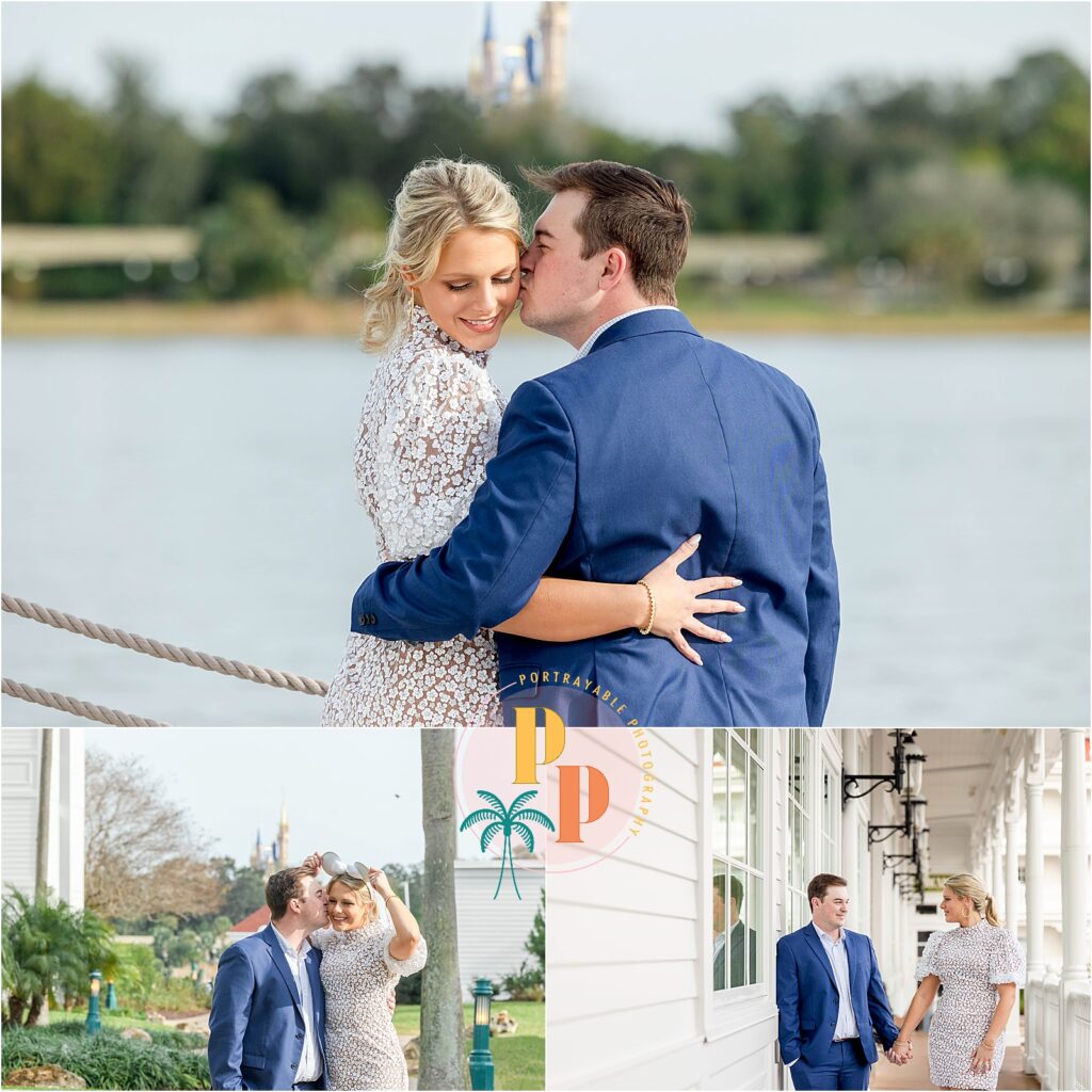 romantic and fun poses at Disney's grand Floridian resort with the castle in the background and Mickey Mouse ears for a bit of disney for their engagement photos 