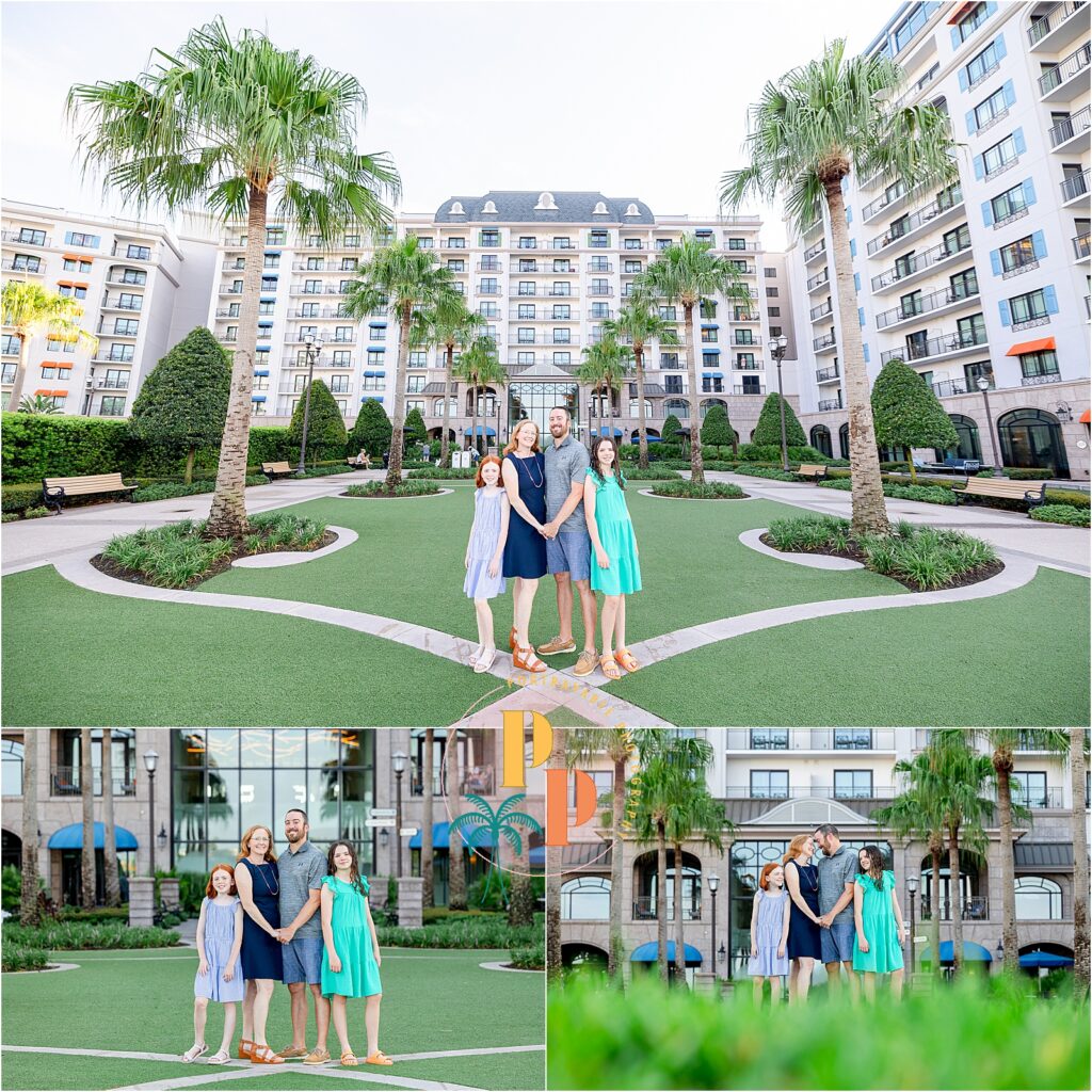 Children playing and laughing in the lush gardens of Disney's Riviera Resort, surrounded by blooming flowers.