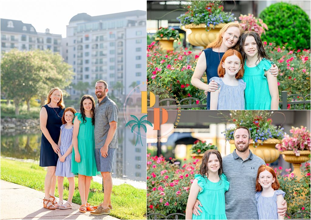 A joyful family posing together in front of Disney's Riviera Resort, with elegant Mediterranean architecture in the background.