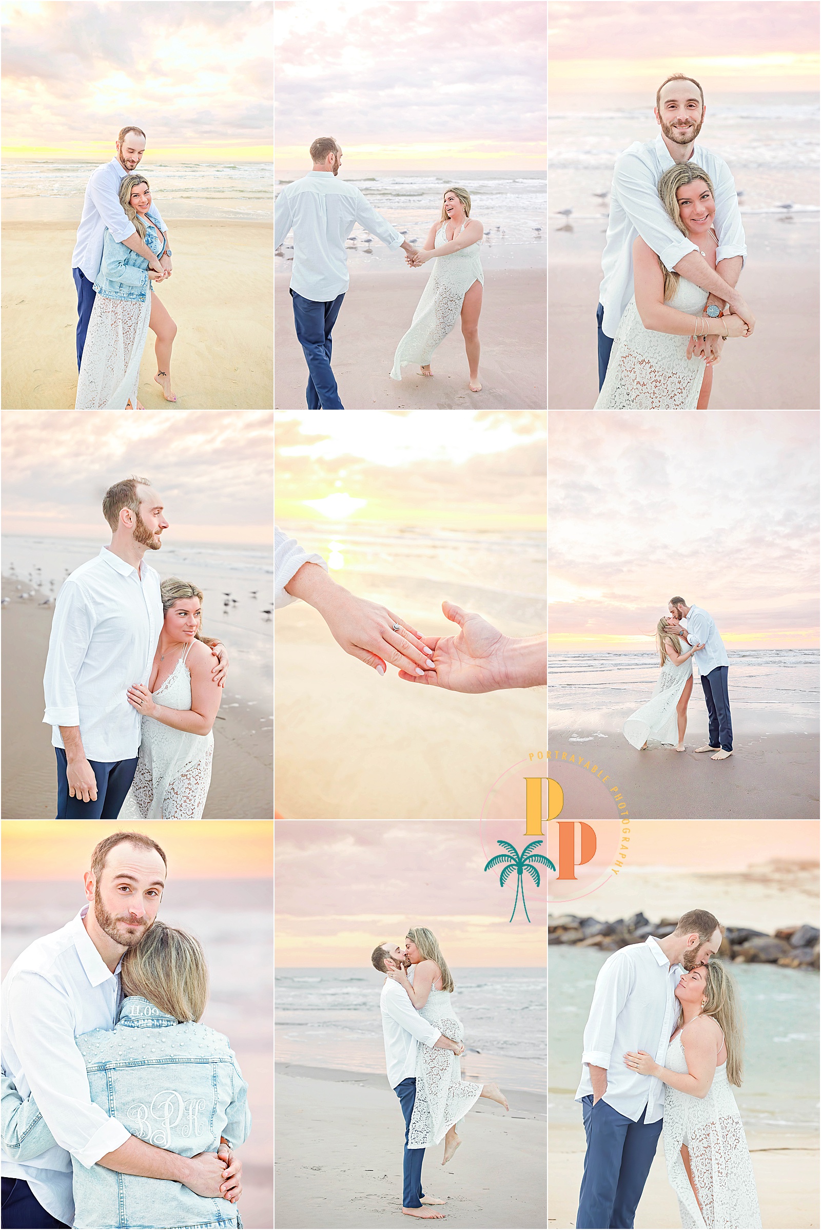 A close-up shot of a couple's hands interlocking, with a beautiful beach backdrop during sunrise.