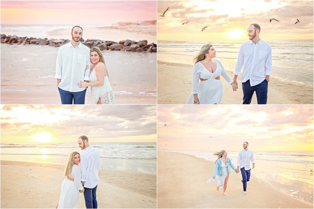 A couple walking barefoot along the shoreline at sunrise, leaving footprints in the sand.