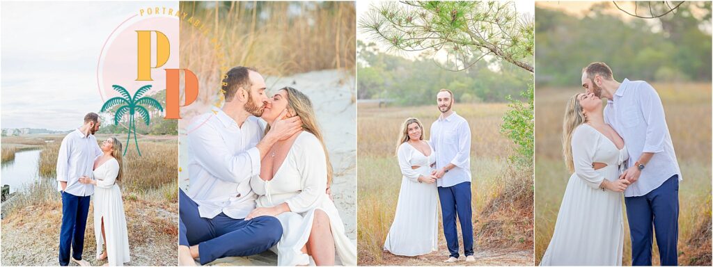 A couple playfully splashing each other in the gentle waves of the ocean during a sunrise engagement photoshoot.