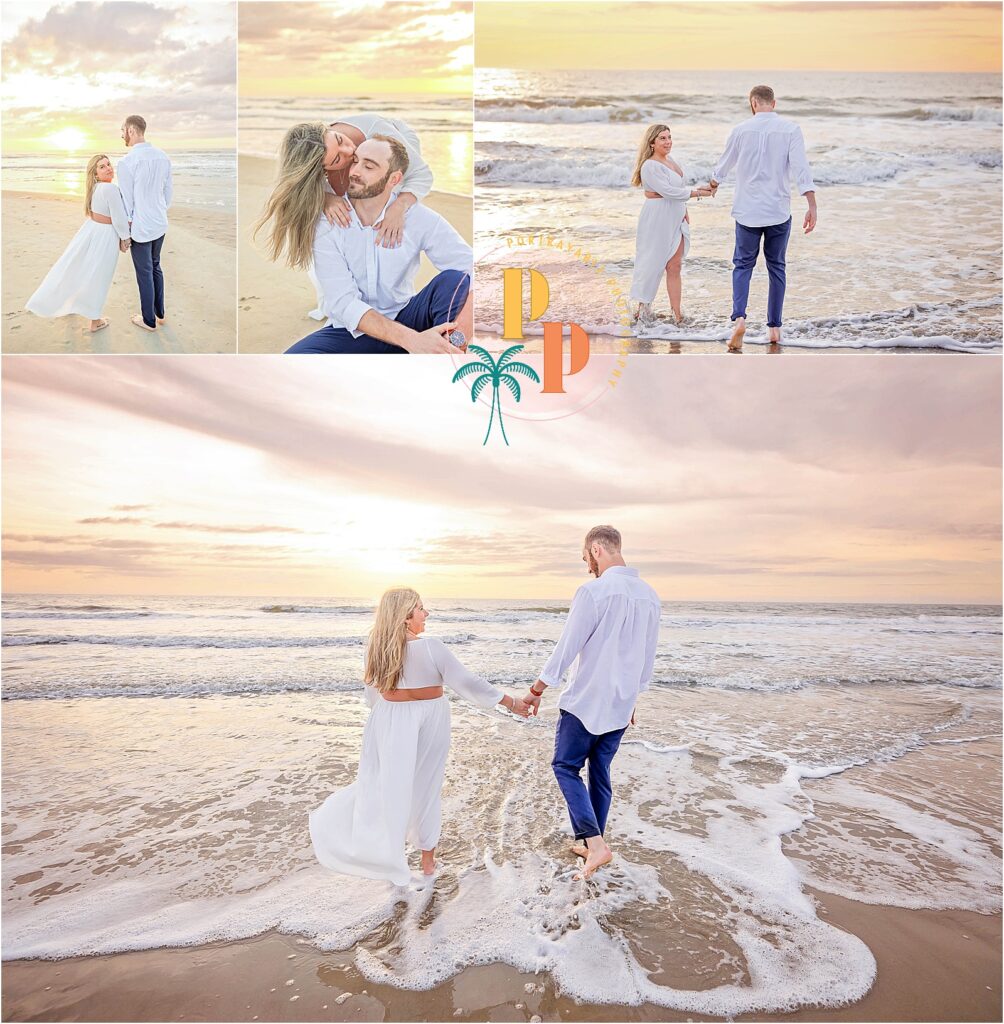 A couple embracing each other on the beach at sunrise, with the soft morning light illuminating their faces.